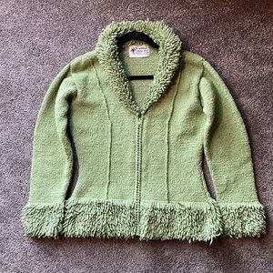 WORLD FOLK ART Nanaimo Canada Fringed Green Sweater Jacket Cowichan Wool Handmad